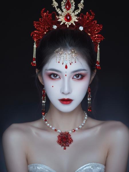 07037-2658299593-close-up,portrait,symmetry,red exaggerate makeup,glitter powder,Eerie beauty,weird smile,Chinese zombie,blood,jewelry,minimalist.png